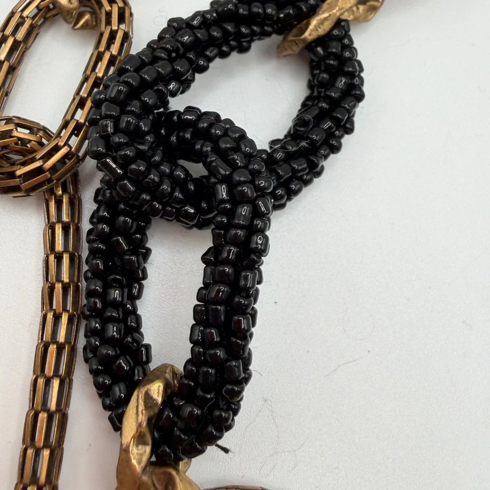 Chicos Womens Antique Gold Mesh and Black Seed Bead‎ Adjustable Chain Belt